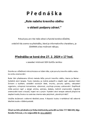 Přednáška „Role našeho krevního oběhu v oblasti podpory zdraví“ 1